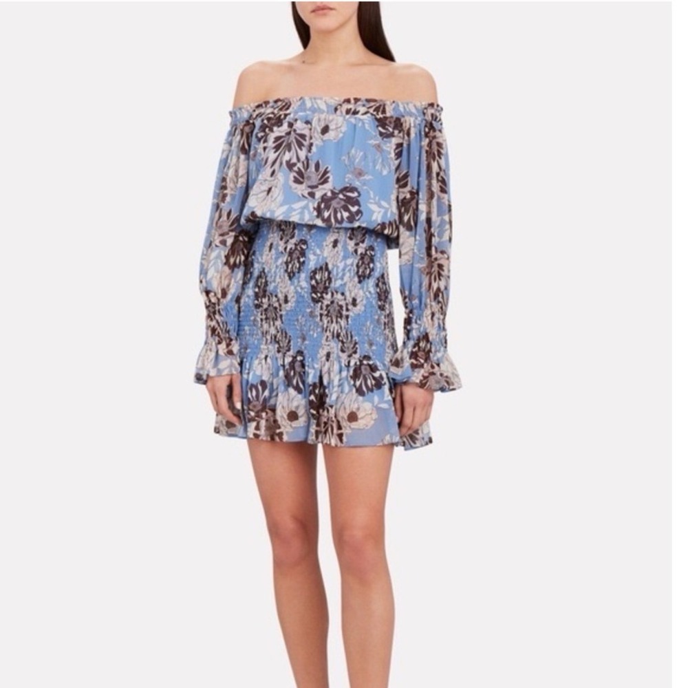 ALEXIS Rezika Off The Shoulder Blue Floral Mini Dress Smock‎ Size Medium